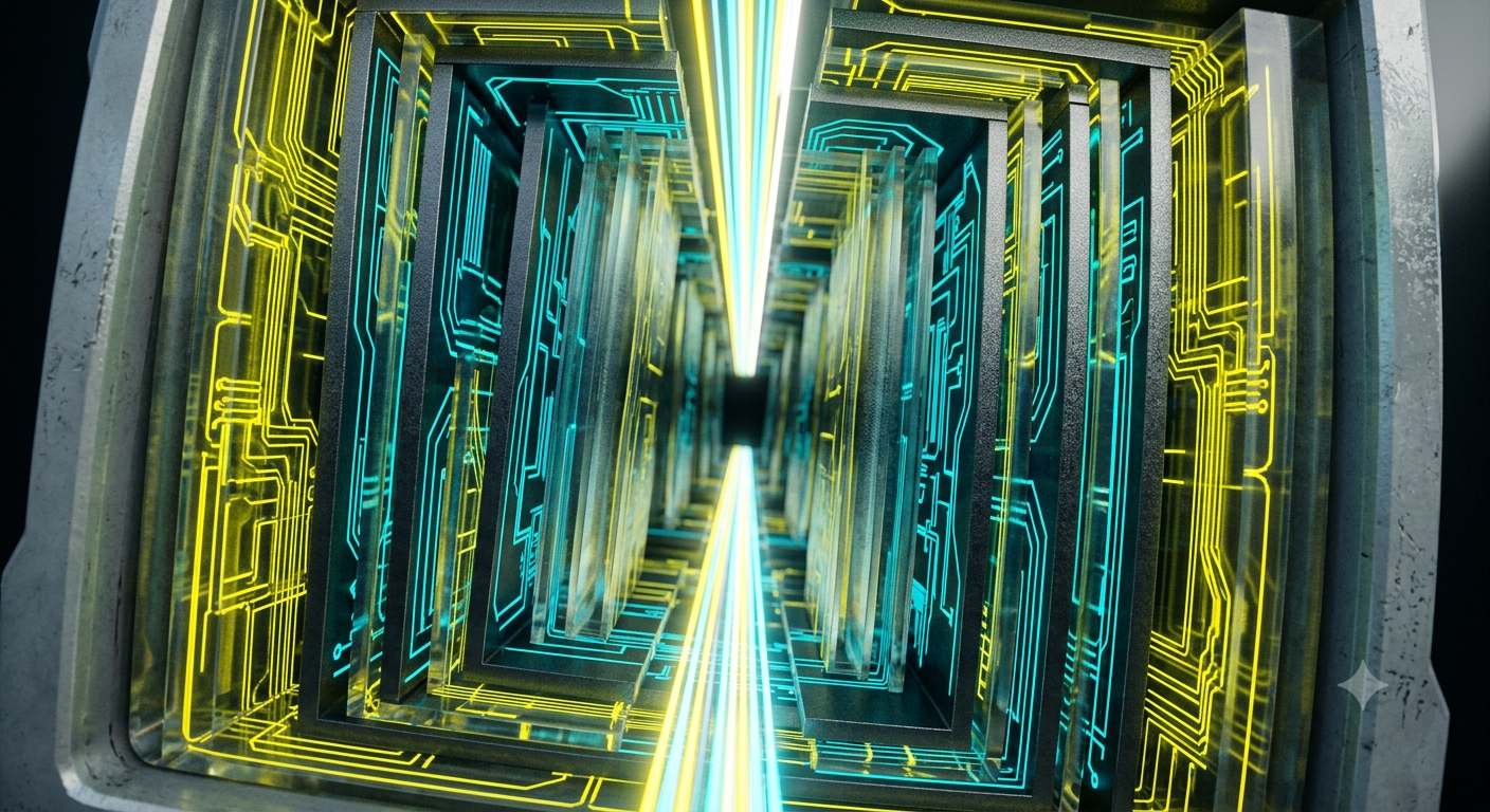 A controlled illuminated technical corridor representing Atom Flux