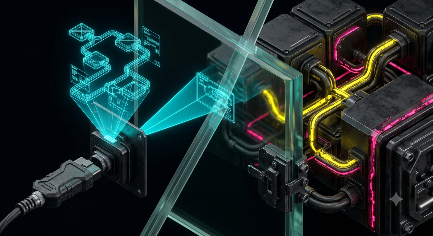 A governed workflow projected through a clear technical boundary