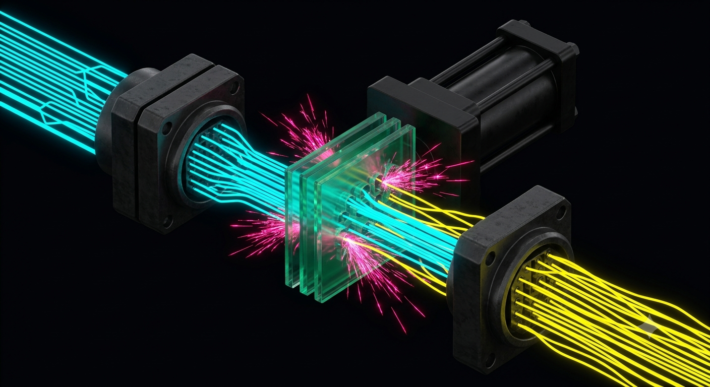 A controlled technical hand-off passing through a visible interface