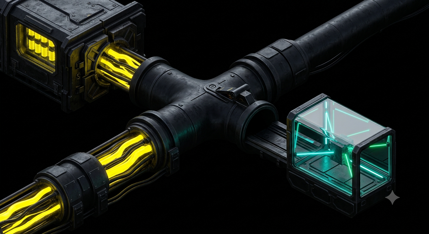 Abstract illuminated pathways and connection points in a dark technical environment